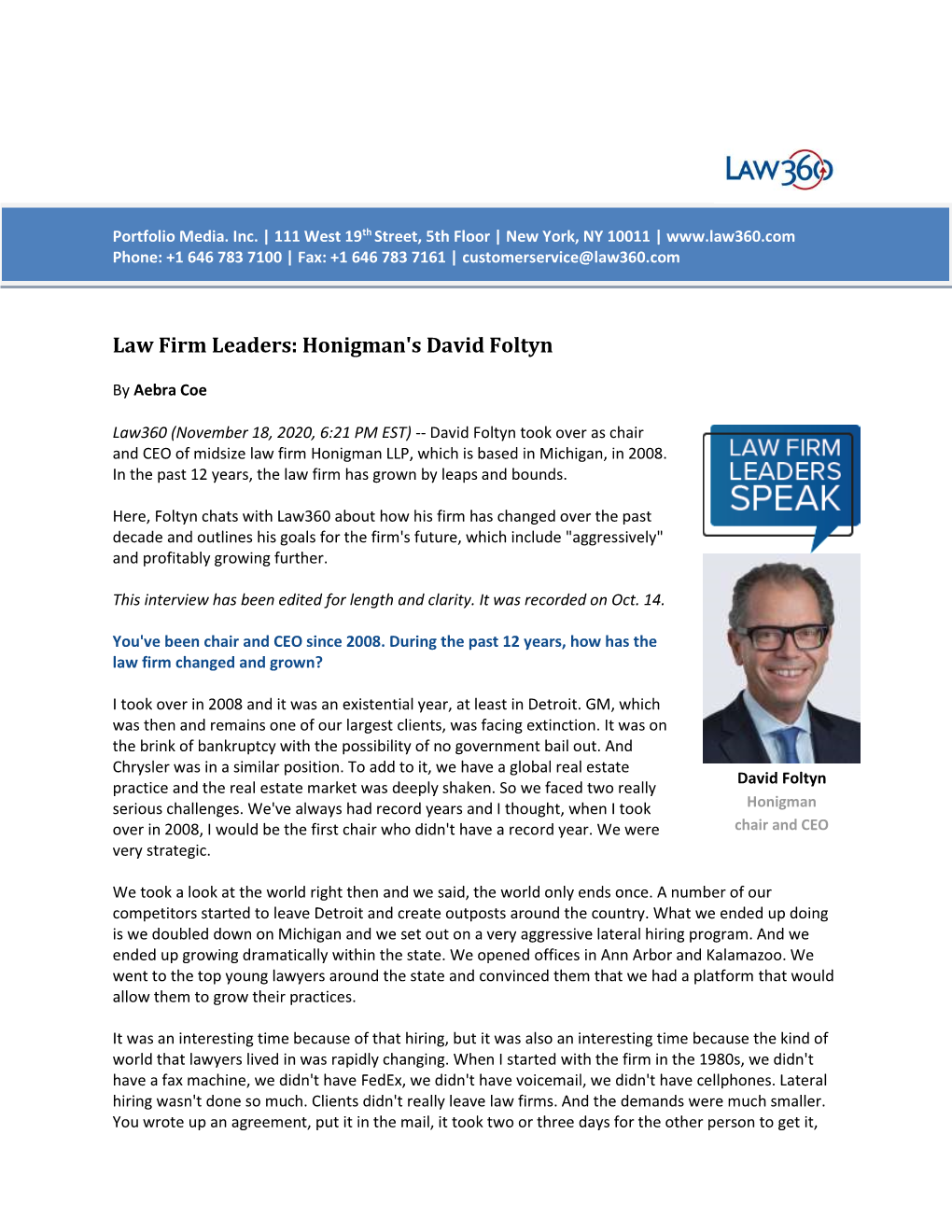 Law Firm Leaders: Honigman's David Foltyn