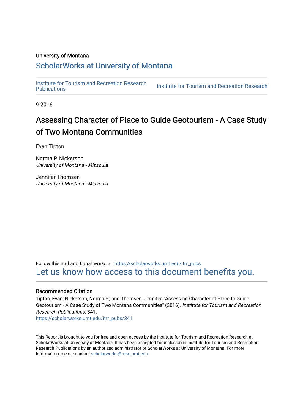 Assessing Character of Place to Guide Geotourism - a Case Study of Two Montana Communities