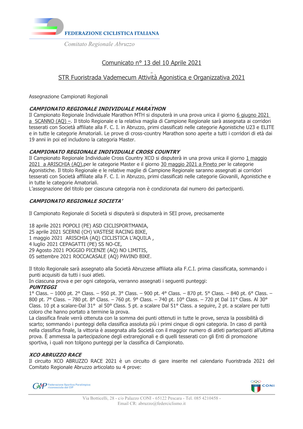 Comitato Regionale Abruzzo Comunicato N° 13 Del 10 Aprile 2021 STR Fuoristrada Vademecum Attività Agonistica E Organizzativa 2