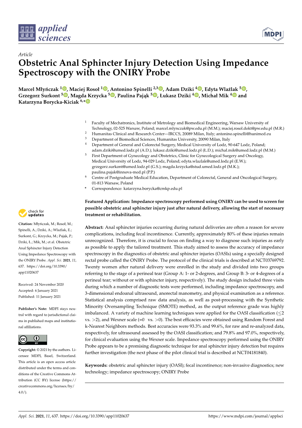 Obstetric Anal Sphincter Injury Detection Using Impedance Spectroscopy with the ONIRY Probe