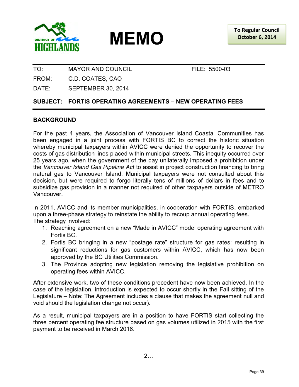 Fortis Operating Agreements – New Operating Fees