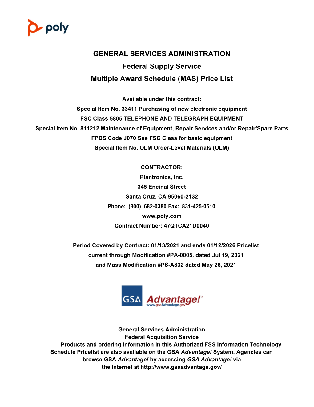 GENERAL SERVICES ADMINISTRATION Federal Supply Service Multiple Award Schedule (MAS) Price List