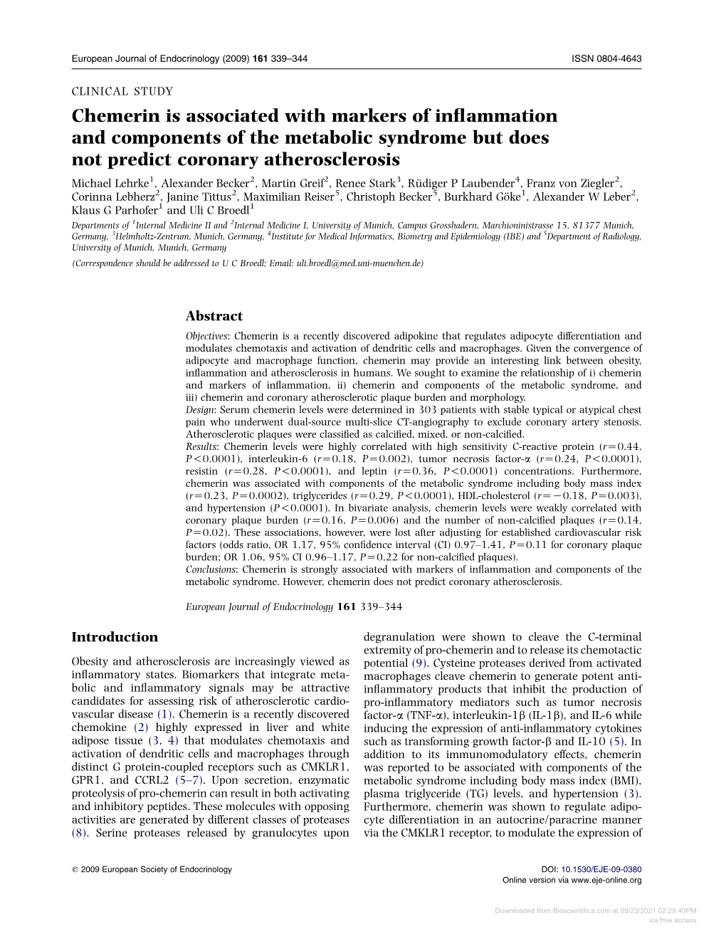 Chemerin Is Associated with Markers of Inflammation and Components Of