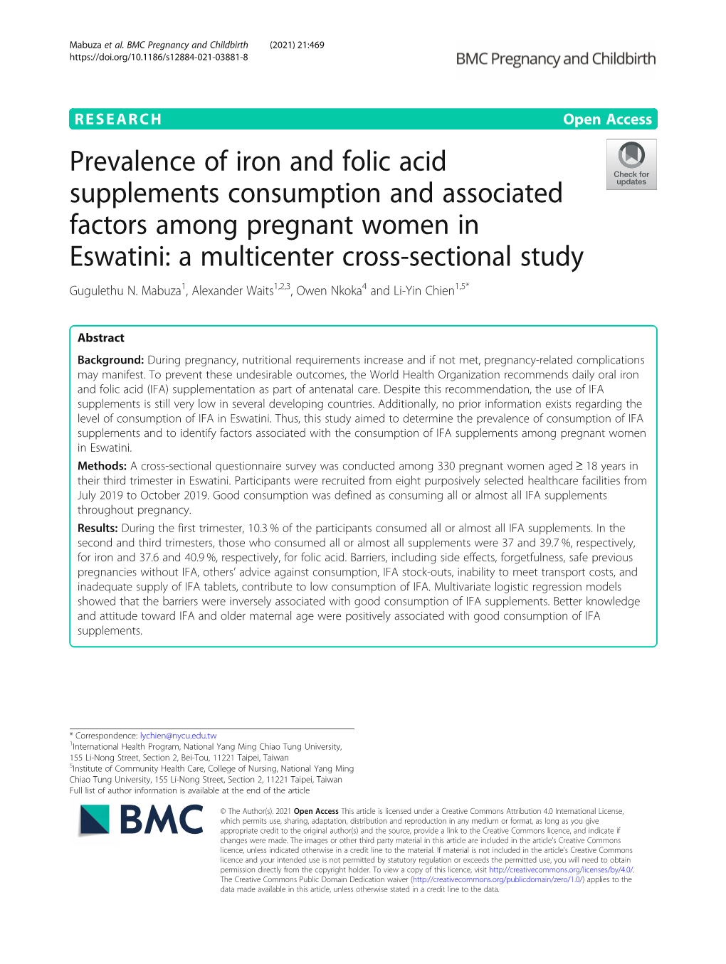 Prevalence of Iron and Folic Acid Supplements Consumption and Associated Factors Among Pregnant Women in Eswatini: a Multicenter Cross-Sectional Study Gugulethu N