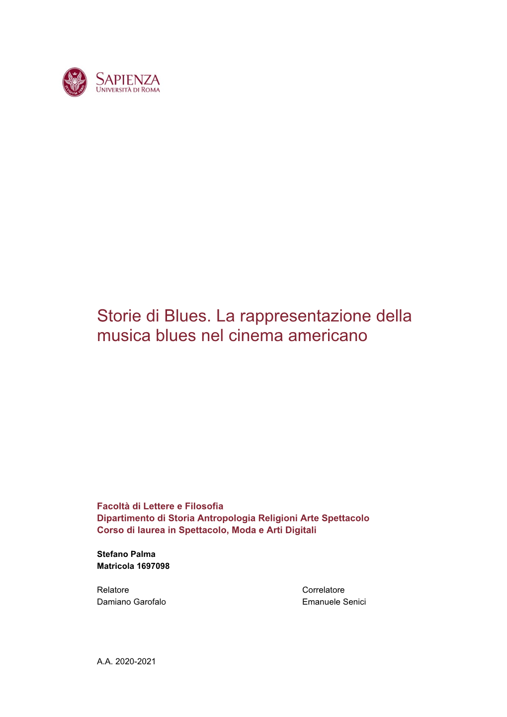 Storie Di Blues. La Rappresentazione Della Musica Blues Nel Cinema Americano