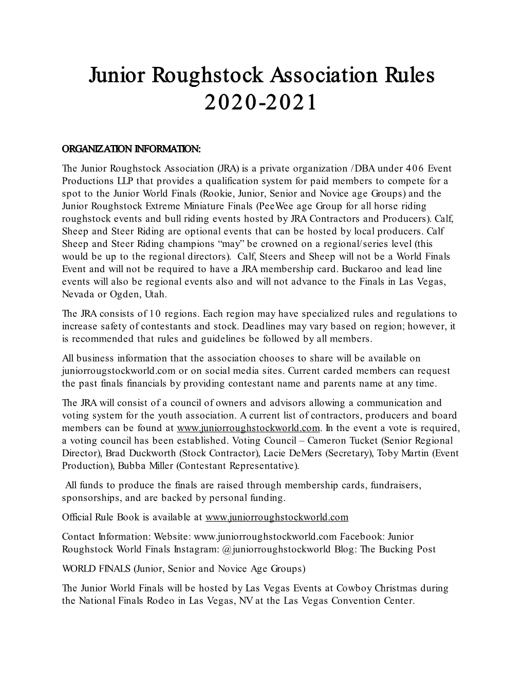 Junior Roughstock Association Rules 2020-2021