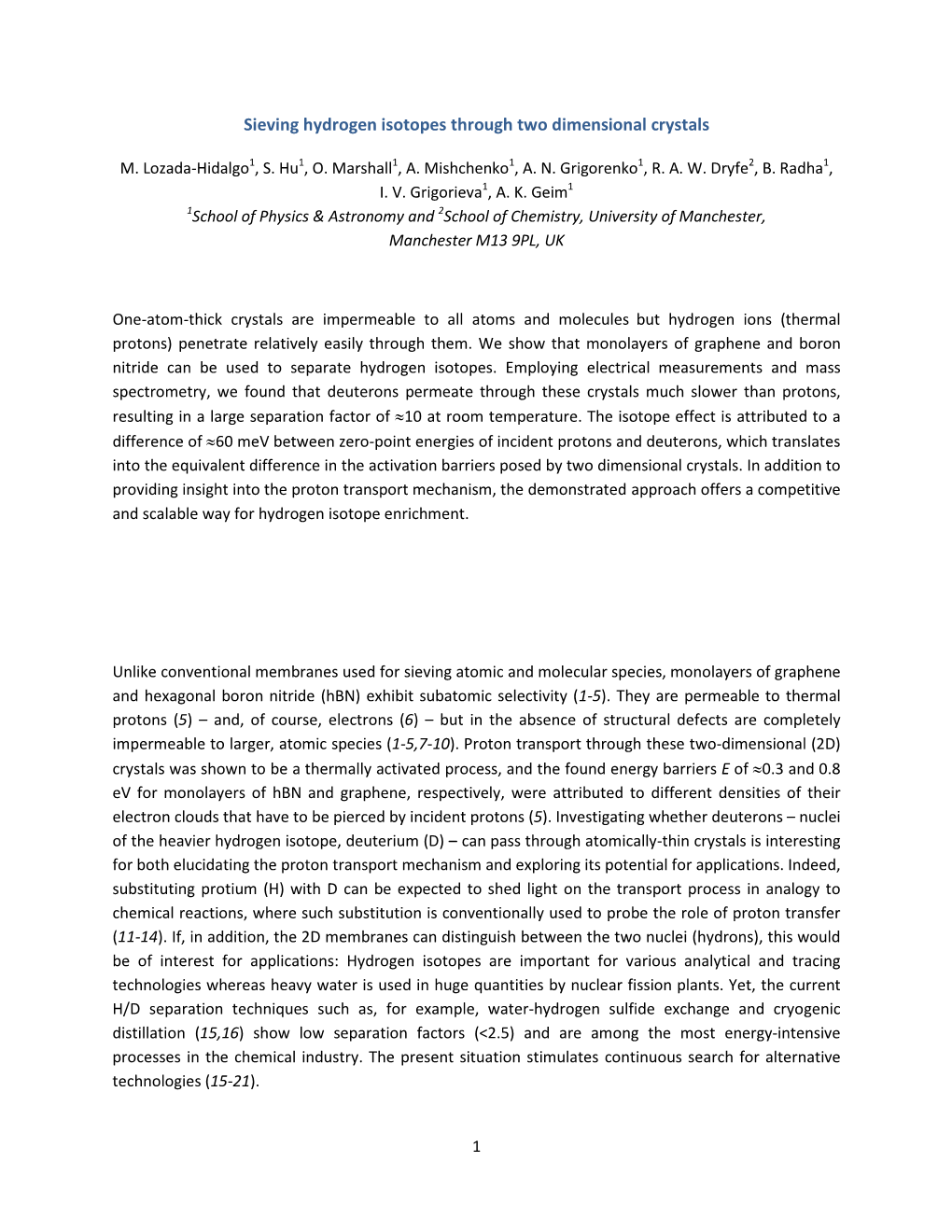 Sieving Hydrogen Isotopes Through Two Dimensional Crystals