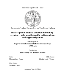 Transcriptome Analysis of Tumor Infiltrating T Regulatory Cells Unveils Specific Coding and Non Coding Gene Signature