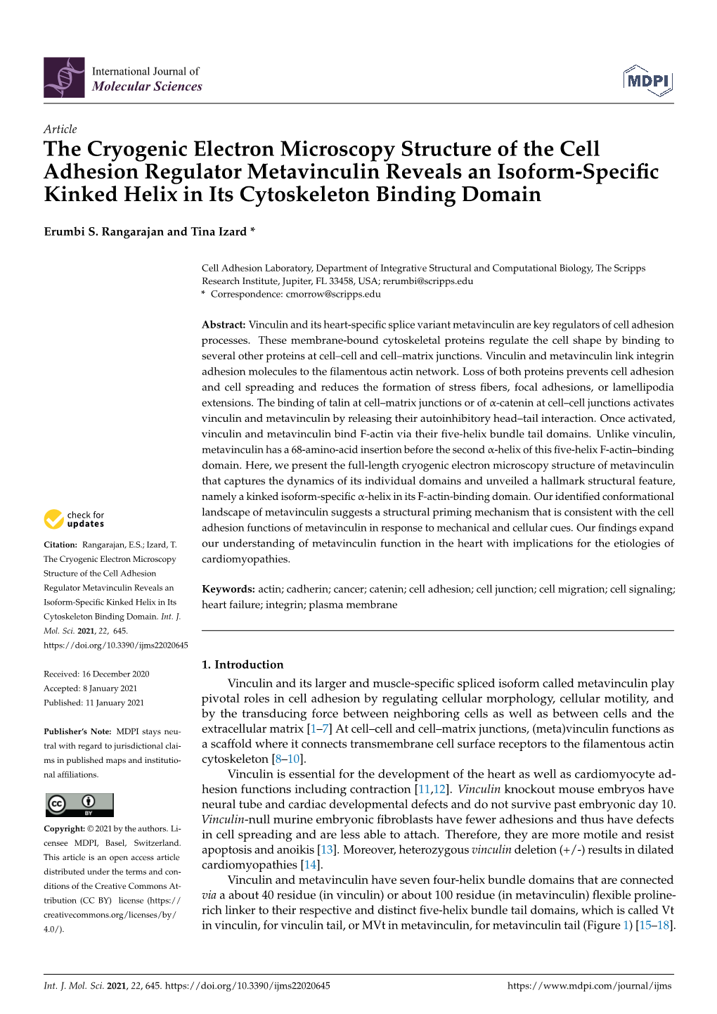 The Cryogenic Electron Microscopy Structure of the Cell Adhesion Regulator Metavinculin Reveals an Isoform-Speciﬁc Kinked Helix in Its Cytoskeleton Binding Domain