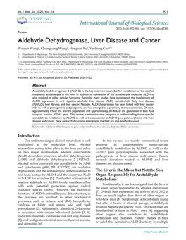 Aldehyde Dehydrogenase, Liver Disease and Cancer Wenjun Wang1, Chunguang Wang2, Hongxin Xu1, Yanhang Gao1