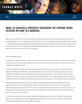 Email to Cedarville University Regarding the Supreme Court Decision on Same-Sex Marriage