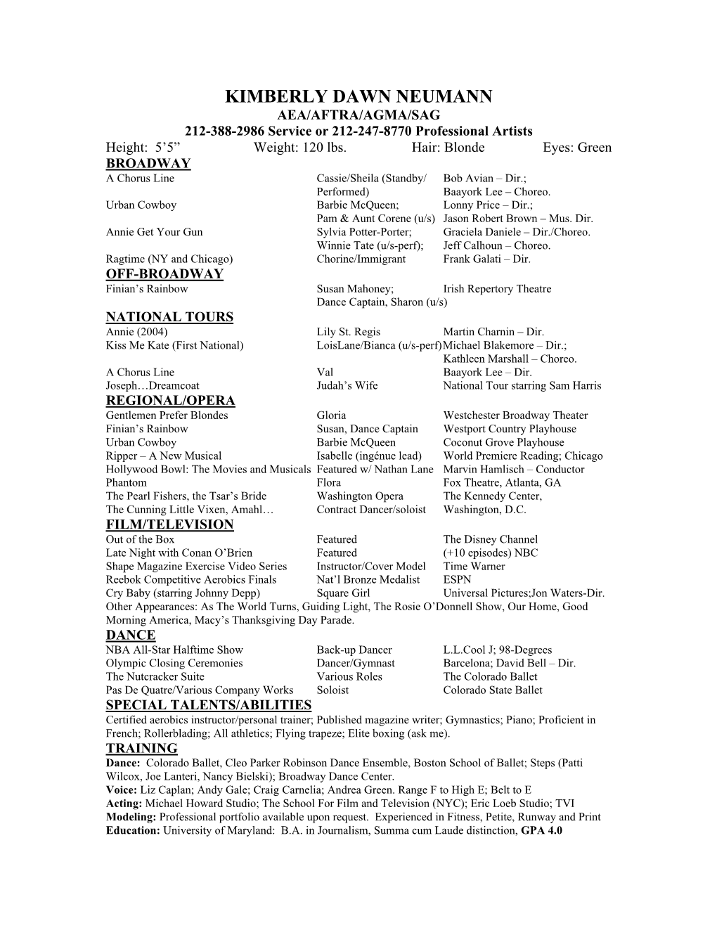 Performing Arts Resume