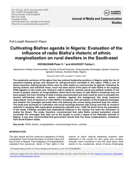 Cultivating Biafran Agenda in Nigeria: Evaluation of the Influence of Radio Biafra’S Rhetoric of Ethnic Marginalization on Rural Dwellers in the South-East