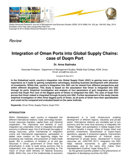 Integration of Oman Ports Into Global Supply Chains: Case of Duqm Port