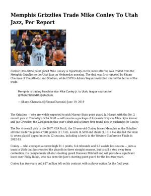 Memphis Grizzlies Trade Mike Conley to Utah Jazz, Per Report