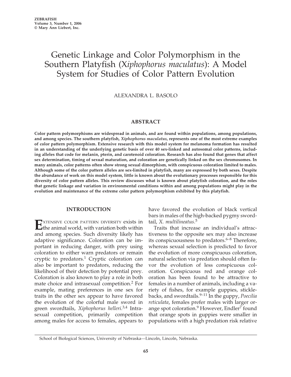 Genetic Linkage and Color Polymorphism in the Southern Platyfish (Xiphophorus Maculatus): a Model System for Studies of Color Pattern Evolution