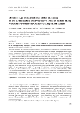 Effects of Age and Nutritional Status at Mating on the Reproductive and Productive Traits in Suffolk Sheep Kept Under Permanent Outdoor Management System