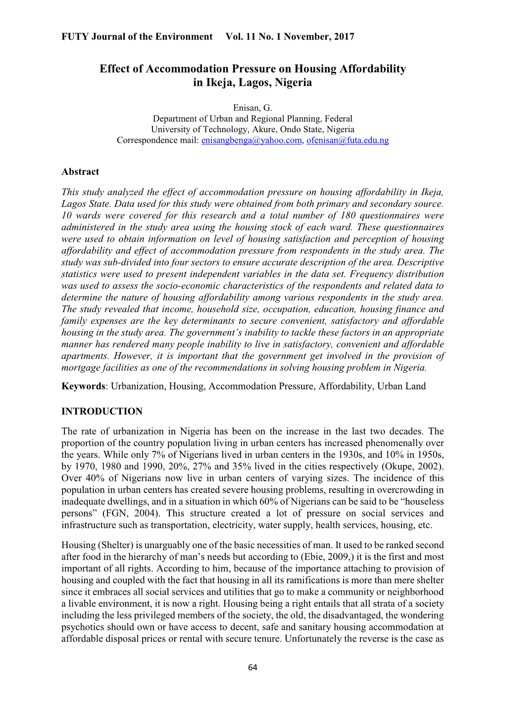 Effect of Accommodation Pressure on Housing Affordability in Ikeja, Lagos, Nigeria