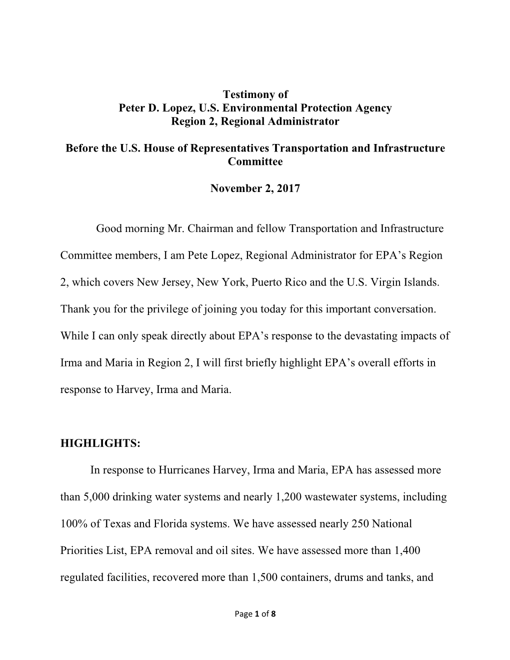 Testimony of Peter D. Lopez, U.S. Environmental Protection Agency Region 2, Regional Administrator