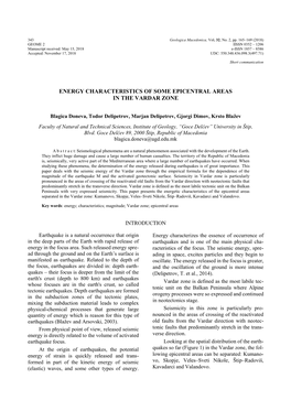 Energy Characteristics of Some Epicentral Areas in the Vardar Zone