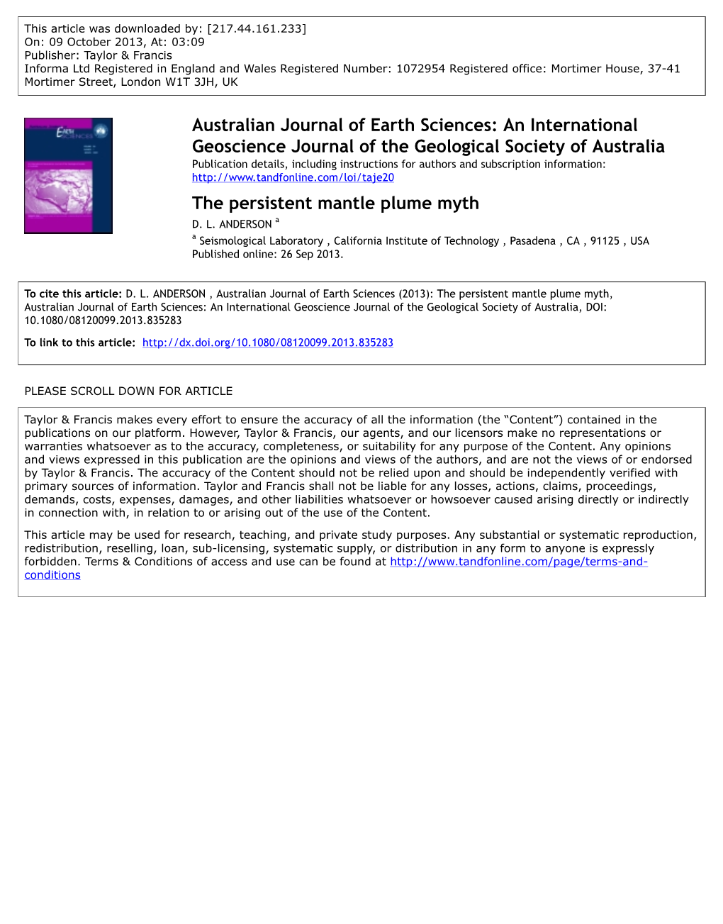 The Persistent Mantle Plume Myth D