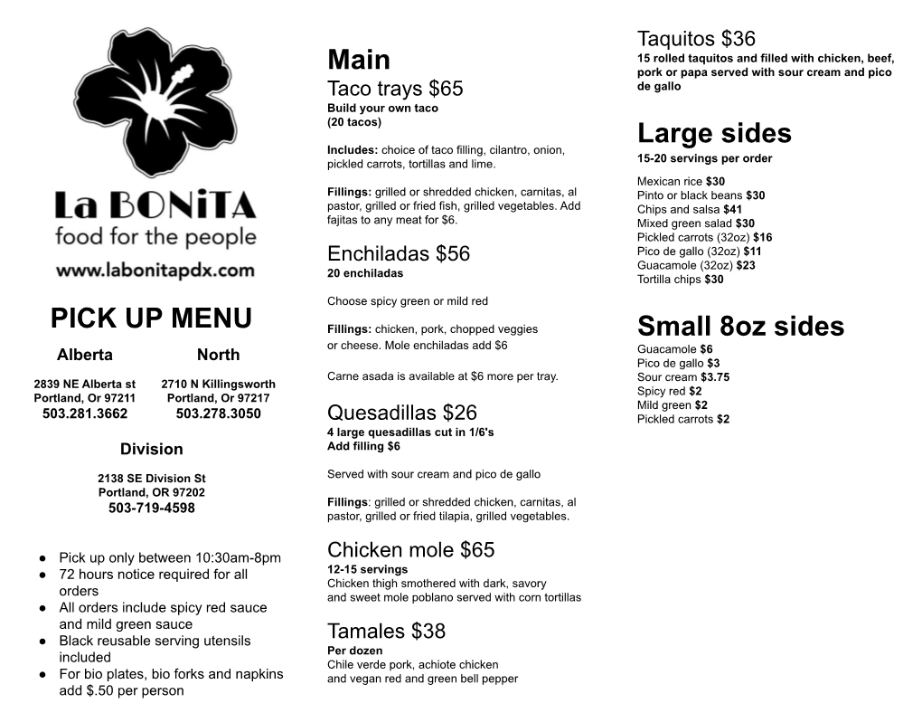 La Bonita Pickup Menu