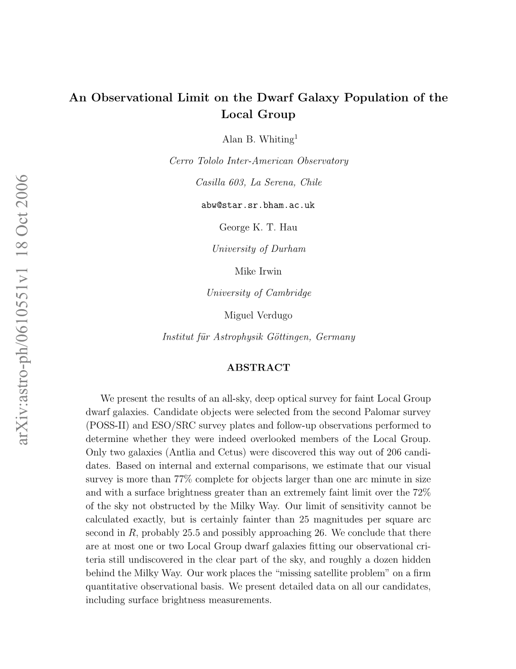 An Observational Limit on the Dwarf Galaxy Population of the Local Group