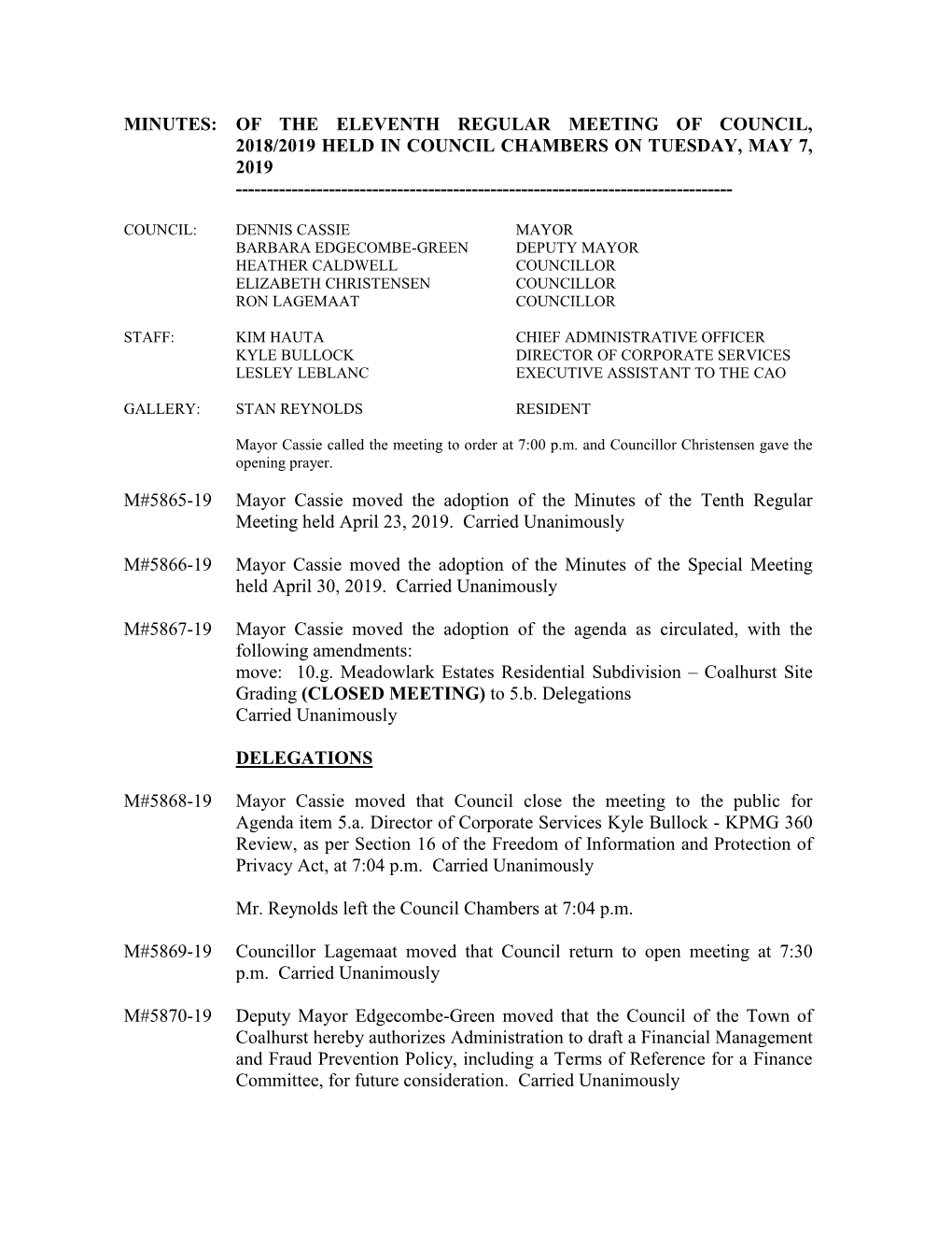 Minutes: of the Eleventh Regular Meeting of Council, 2018/2019 Held in Council Chambers on Tuesday, May 7, 2019