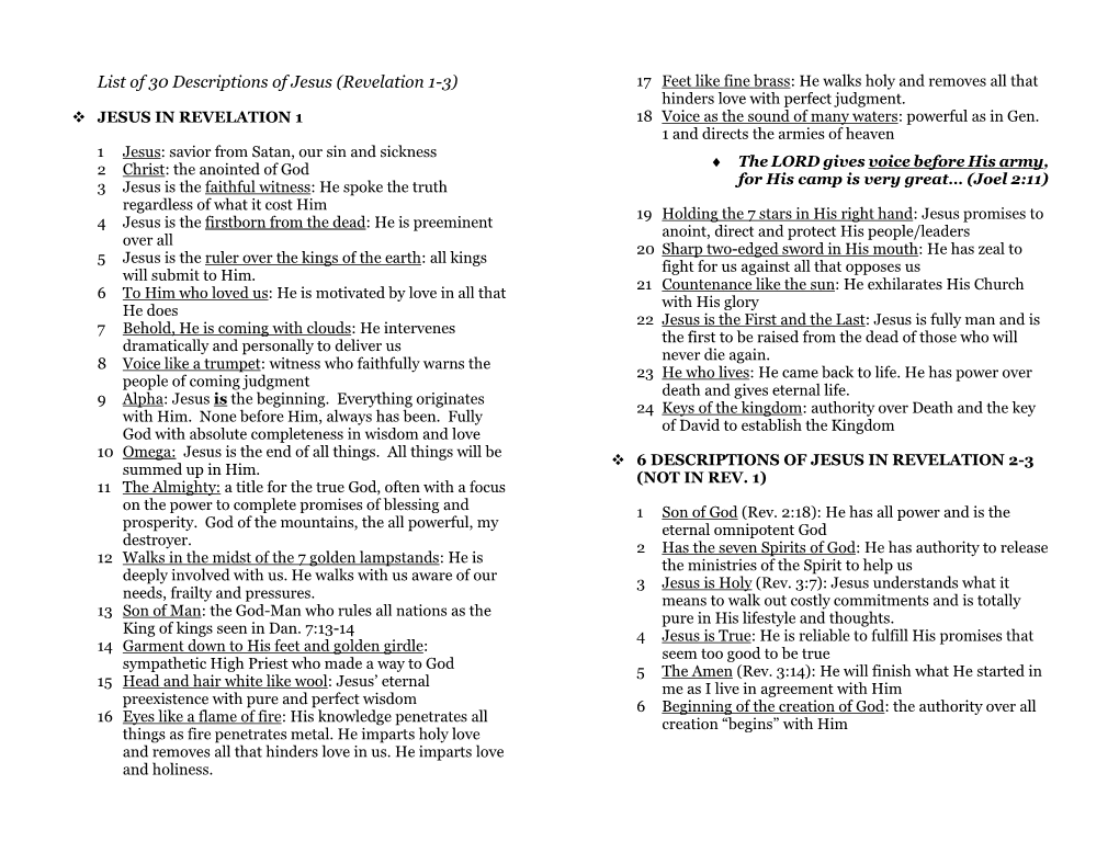 List of 30 Descriptions of Jesus (Revelation 1-3) 17 Feet Like Fine Brass: He Walks Holy and Removes All That Hinders Love with Perfect Judgment