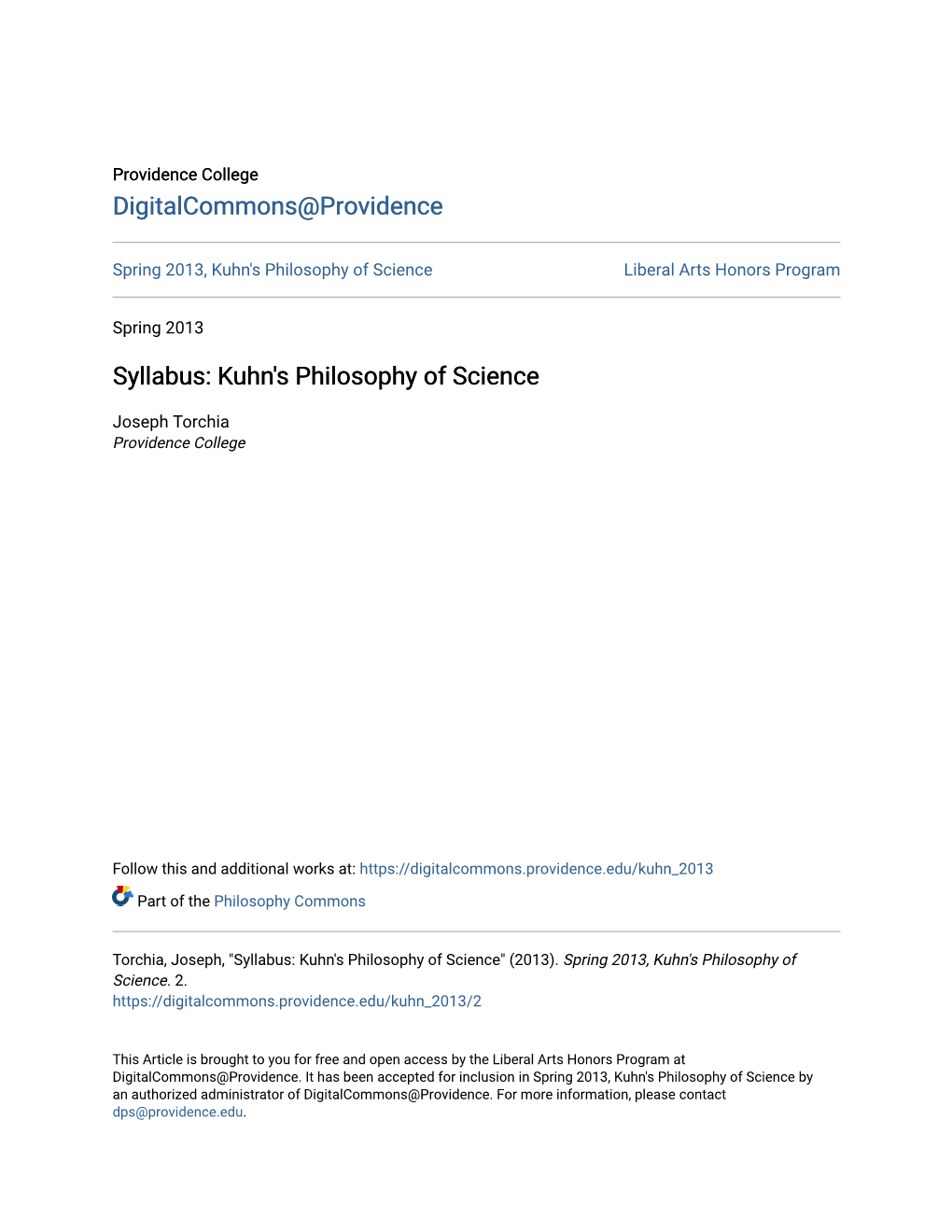 Kuhn's Philosophy of Science Liberal Arts Honors Program