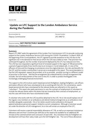 Update on LFC Support to the London Ambulance Service During the Pandemic