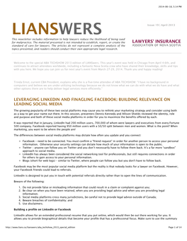 LIANSWERS Issue 19 | April 2013 This Newsletter Includes Information to Help Lawyers Reduce the Likelihood of Being Sued for Malpractice