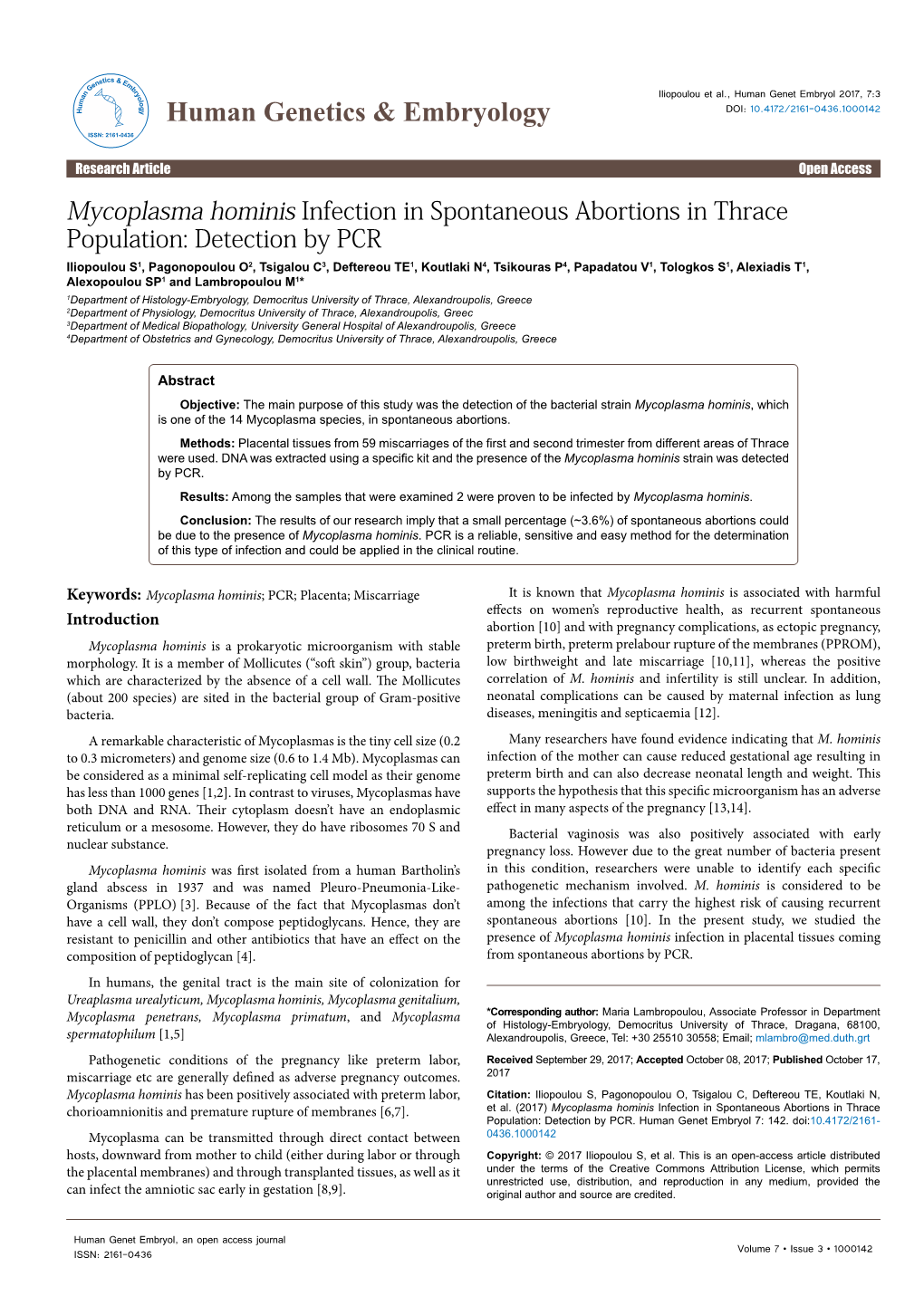 Mycoplasma Hominis Infection in Spontaneous Abortions in Thrace Population: Detection By