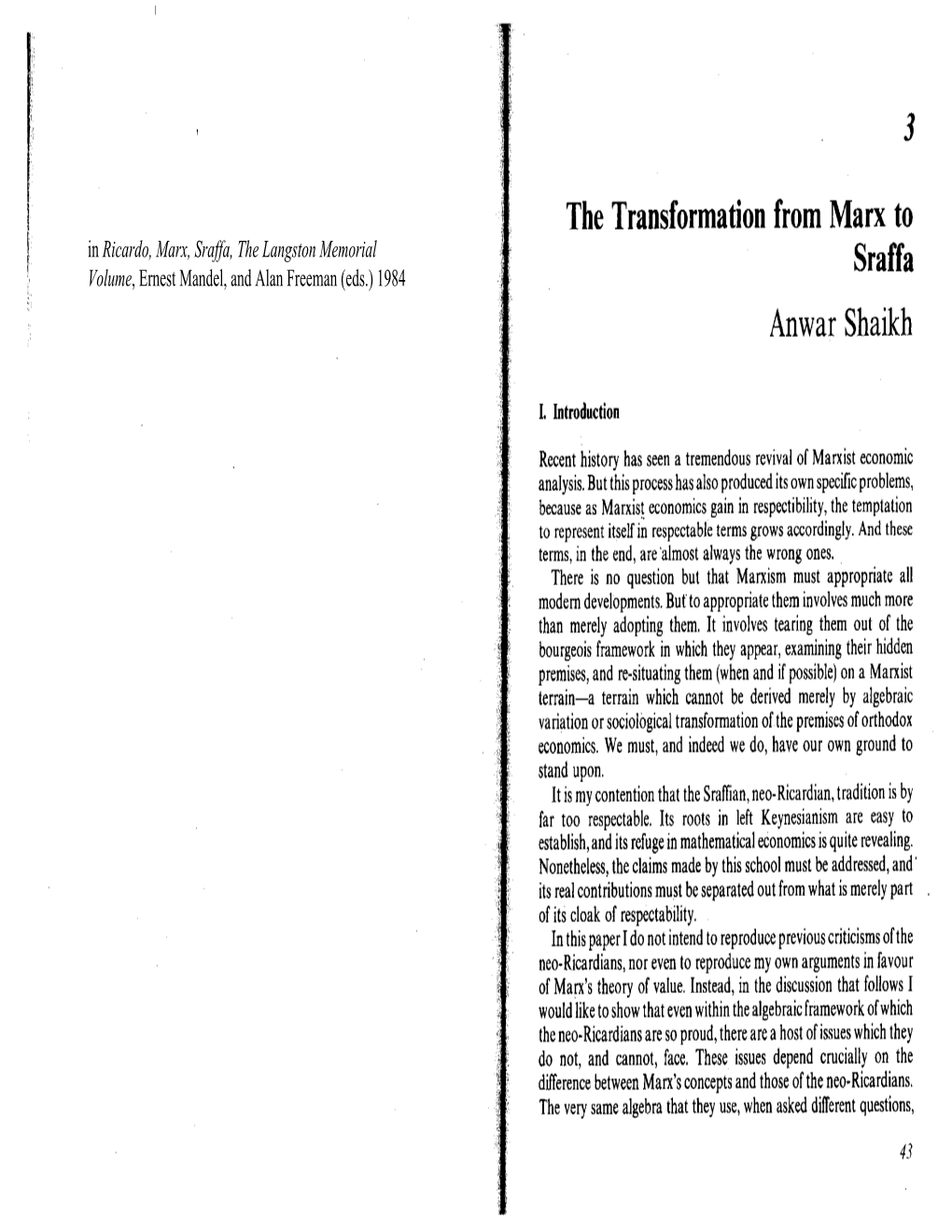 The Transformation from Marx to Sraffa Anwar Shaikh