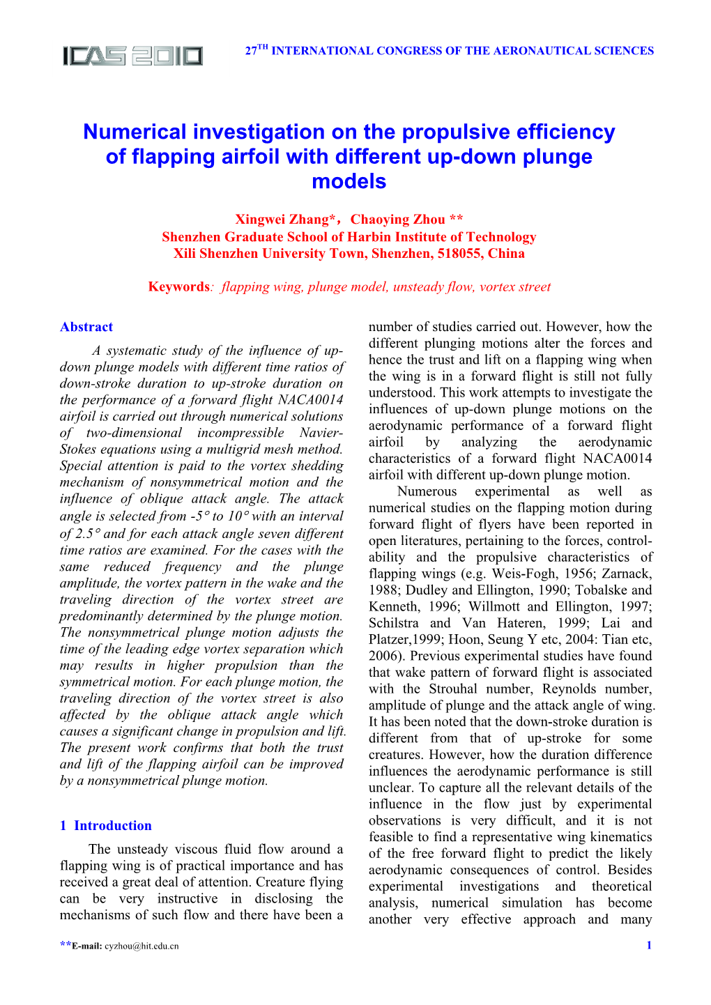 Numerical Investigation on the Propulsive Efficiency of Flapping Airfoil with Different Up-Down Plunge Models