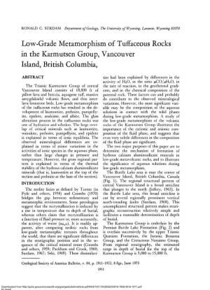 Low-Grade Metamorphism of Tuffaceous Rocks in the Karmutsen Group, Vancouver Island, British Columbia