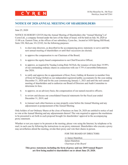 Notice of 2020 Annual Meeting of Shareholders
