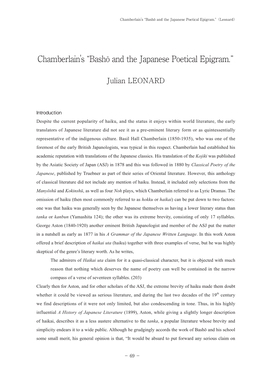 Chamberlain's “Bashō and the Japanese Poetical Epigram.”（Leonard）