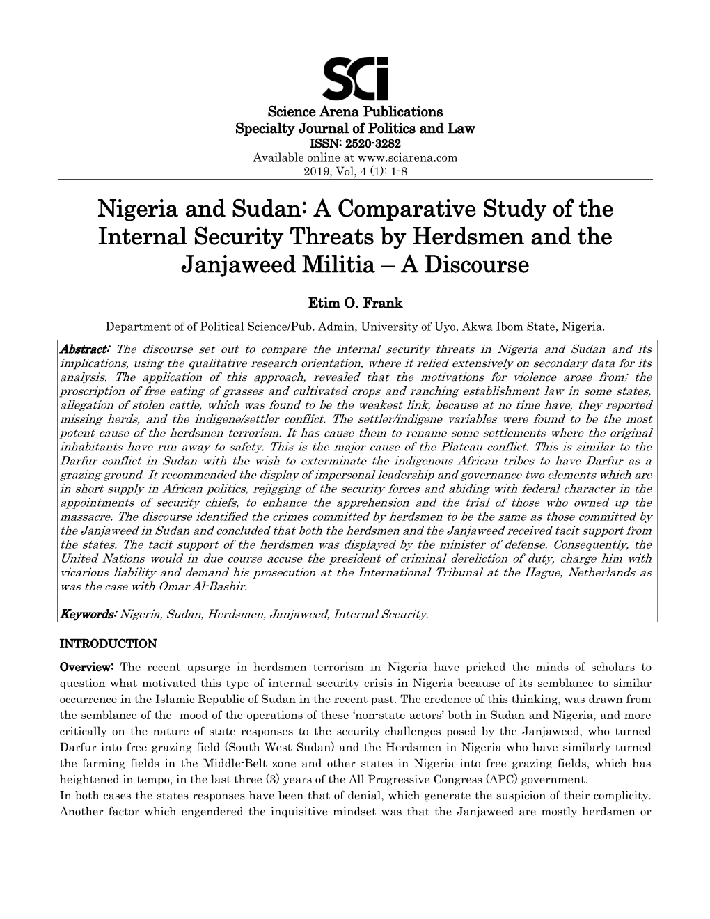 Nigeria and Sudan: a Comparative Study of the Internal Security Threats by Herdsmen and the Janjaweed Militia – a Discourse