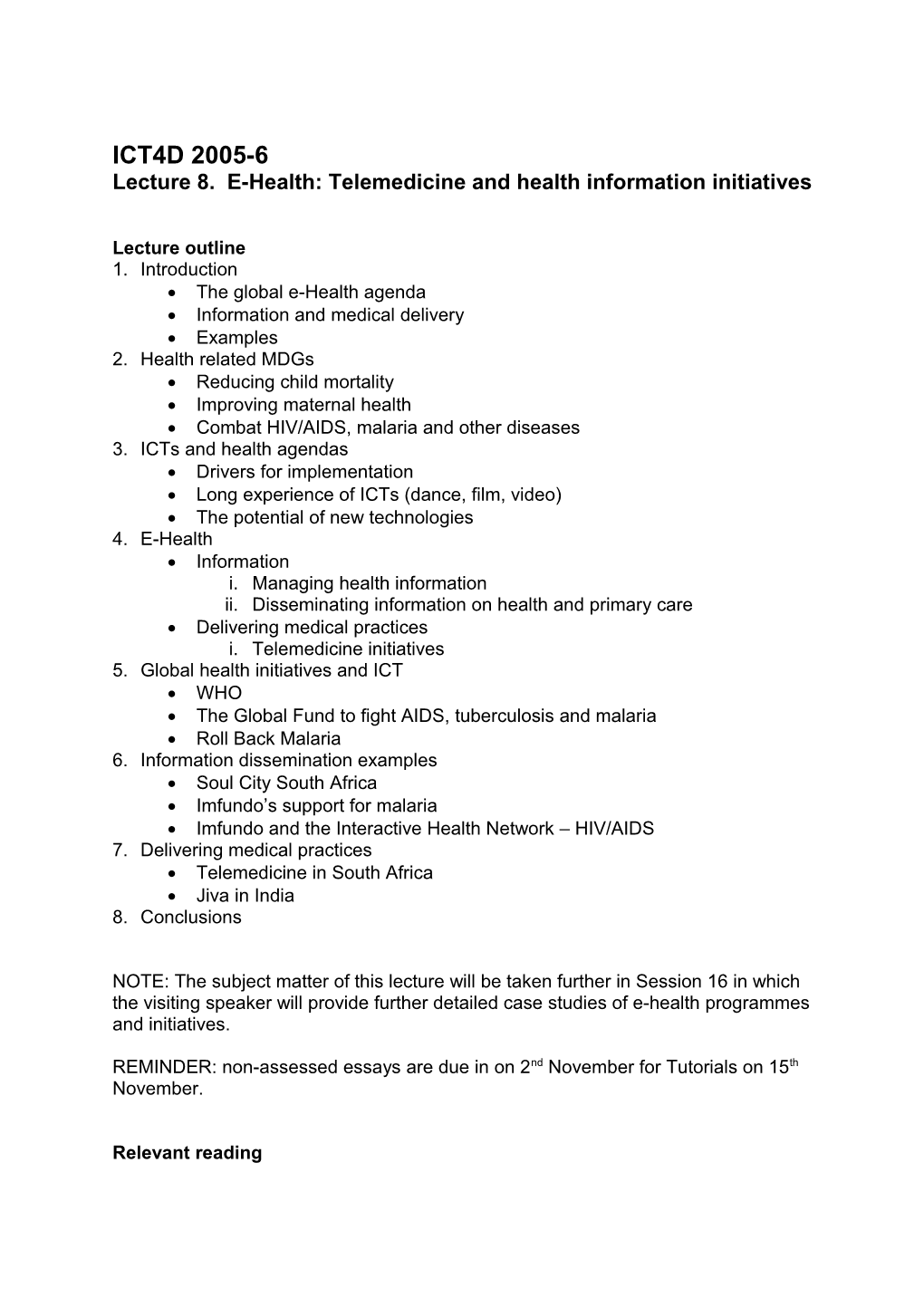 Lecture 8. E-Health: Telemedicine and Health Information Initiatives