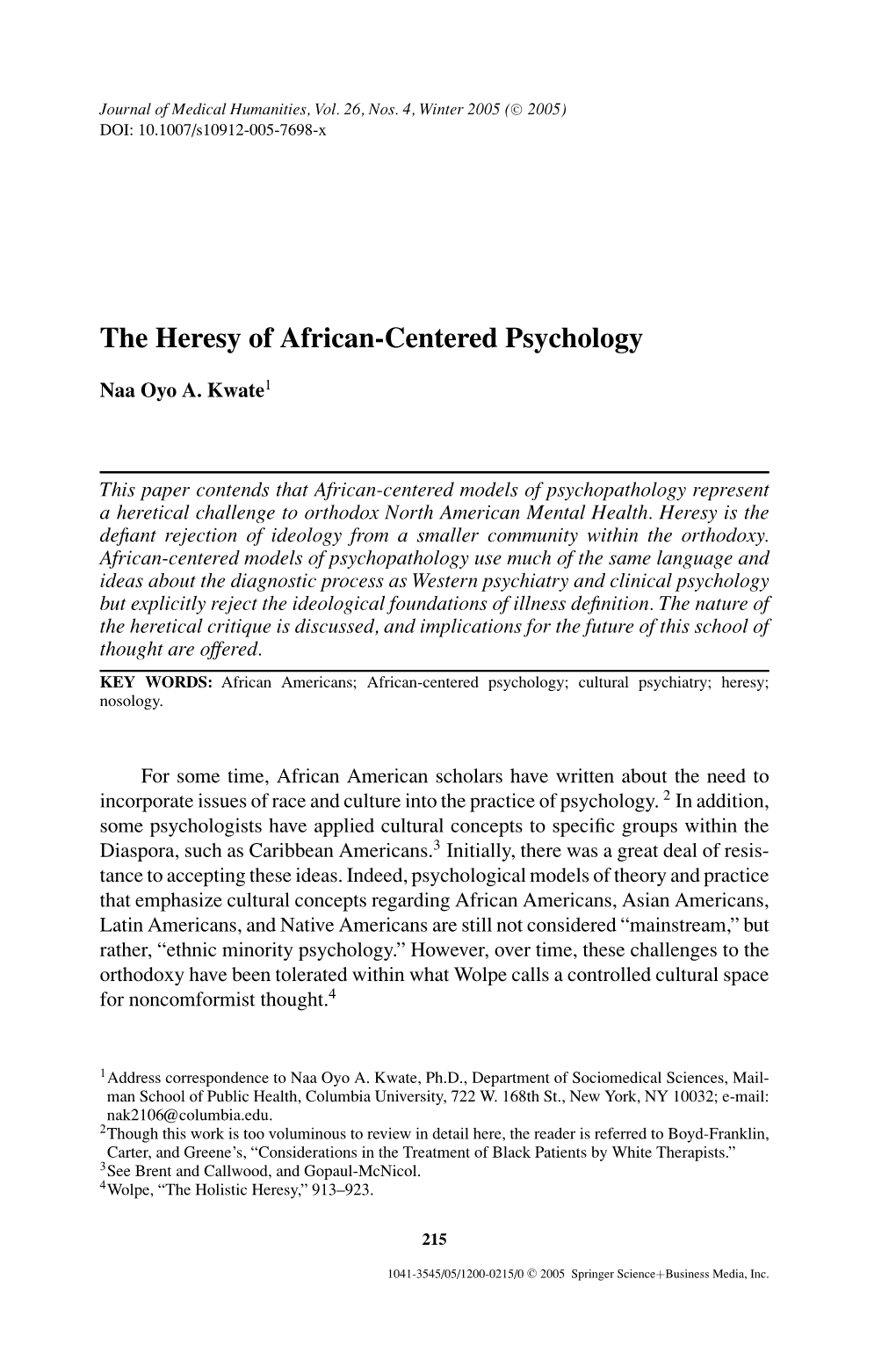 The Heresy of African-Centered Psychology