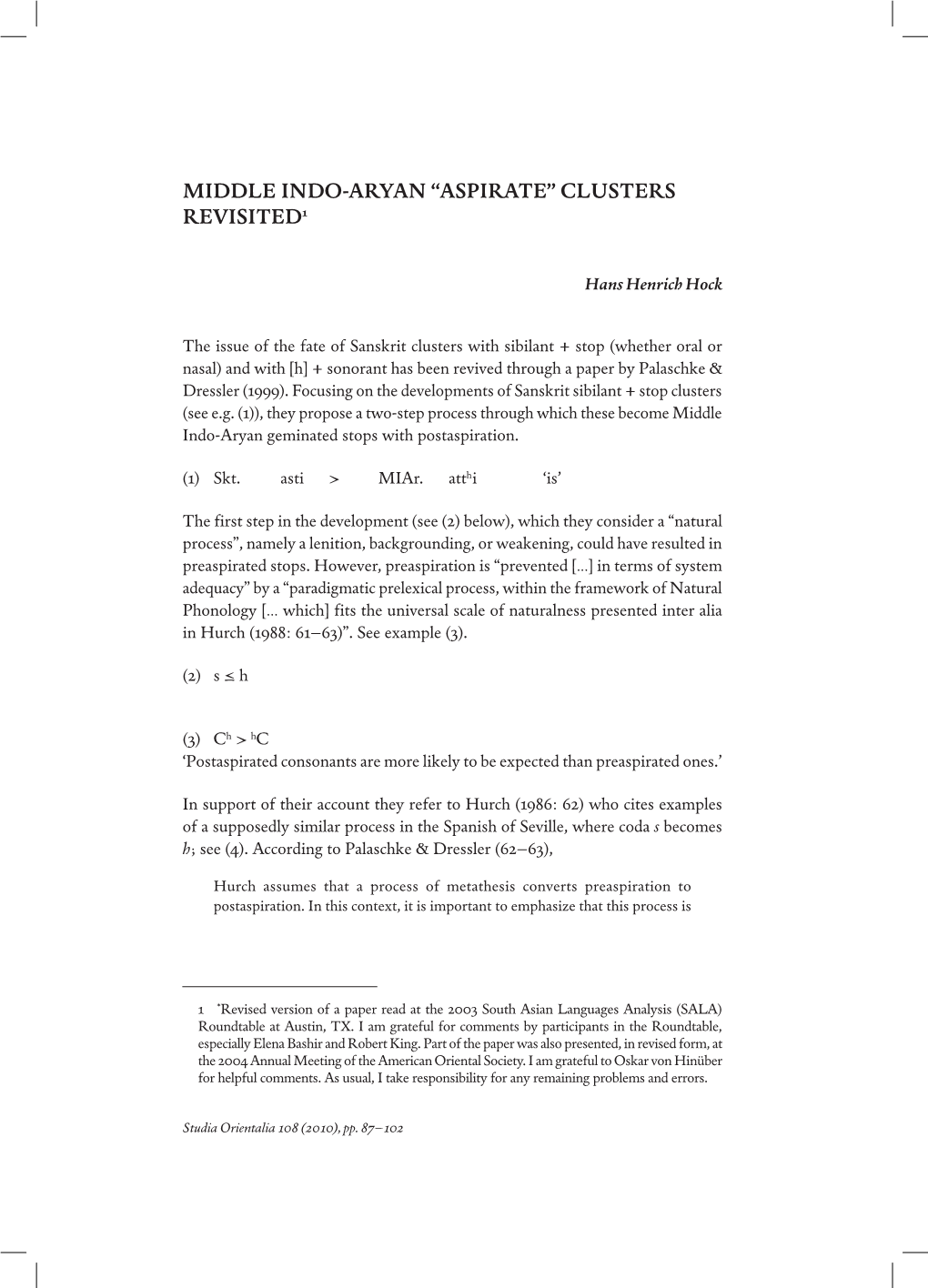 Middle Indo-Aryan “Aspirate” Clusters Revisited1