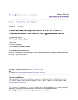 Cholesterol-Mediated Dysfunction of Surfactant Effects of Surfactant Protein-A and Diet-Induced Hypercholesterolemia