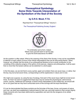 Theosophical Symbology Some Hints Towards Interpretation of the Symbolism of the Seal of the Society