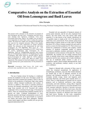 Comparative Analysis on the Extraction of Essential Oil from Lemongrass and Basil Leaves