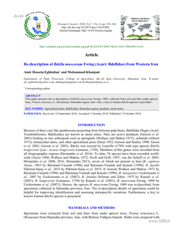 Re-Description of Bdella Muscorum Ewing (Acari: Bdellidae) from Western Iran