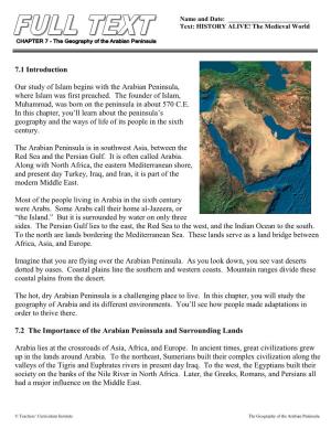 7.1 Introduction Our Study of Islam Begins with the Arabian Peninsula