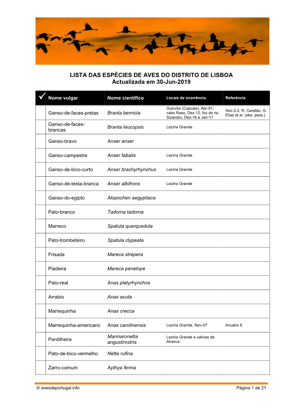 LISTA DAS ESPÉCIES DE AVES DO DISTRITO DE LISBOA Actualizada Em 30-Jun-2019