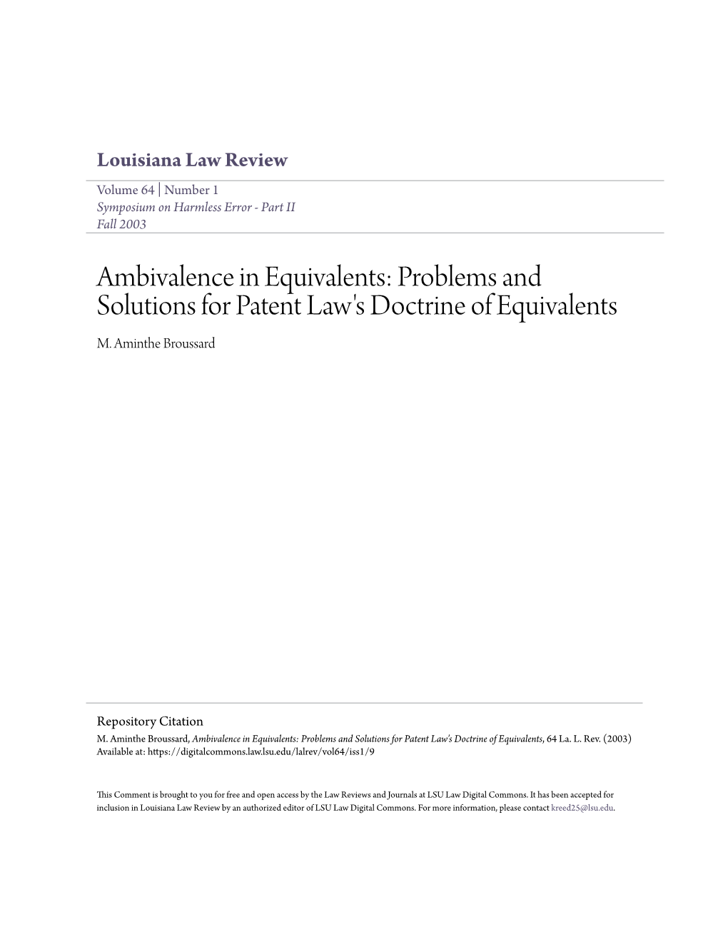 Problems and Solutions for Patent Law's Doctrine of Equivalents M