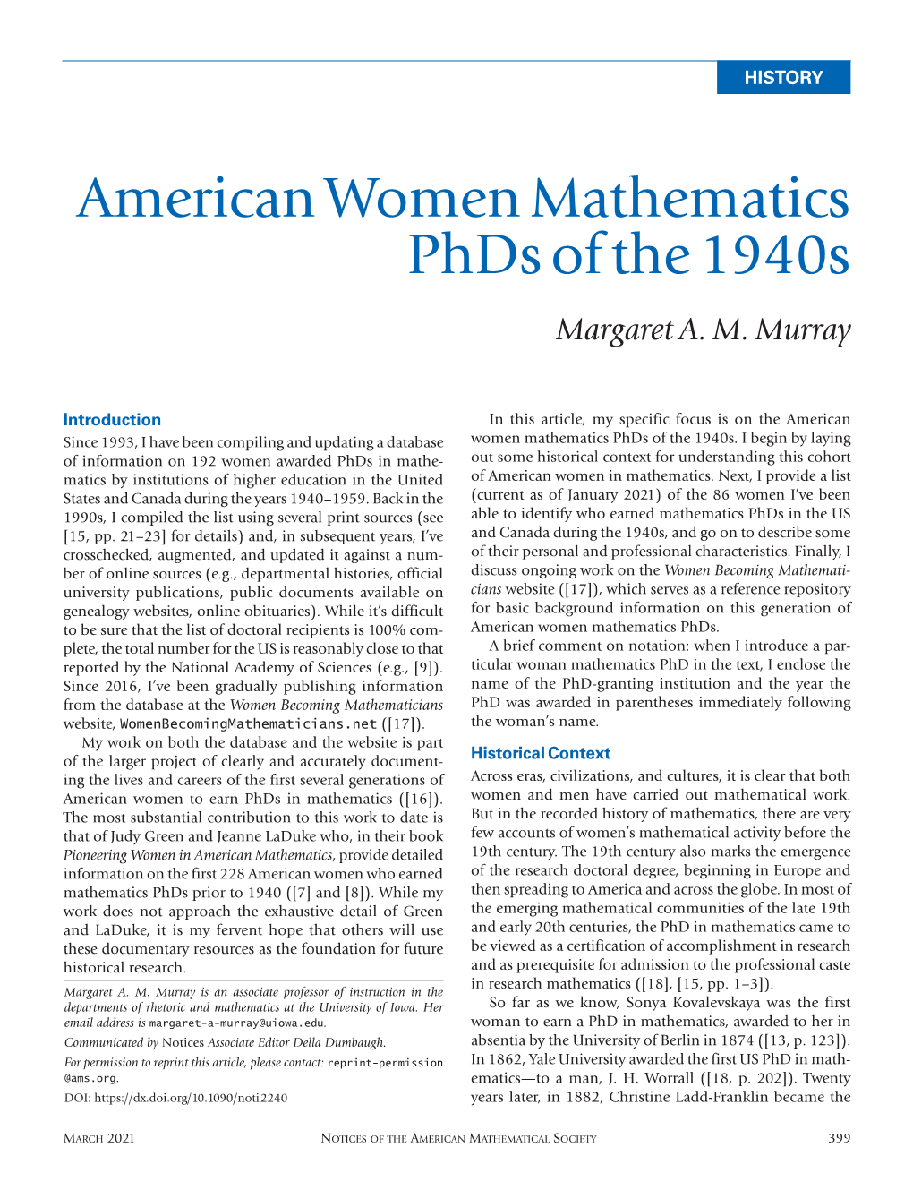 American Women Mathematics Phds of the 1940S Margaret A